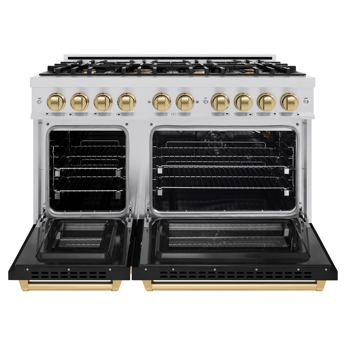 ZLINE - Autograph Edition 48 in. 6.7 cu. ft. Select Double Oven Gas Range with 8 Burner Cooktop in Stainless Steel with Black Matte Doors and Champagne Bronze Accents