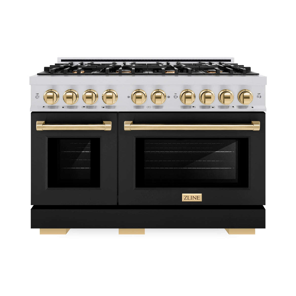 ZLINE - Autograph Edition 48 in. 6.7 cu. ft. Select Double Oven Gas Range with 8 Burner Cooktop in Stainless Steel with Black Matte Doors and Polished Gold Accents