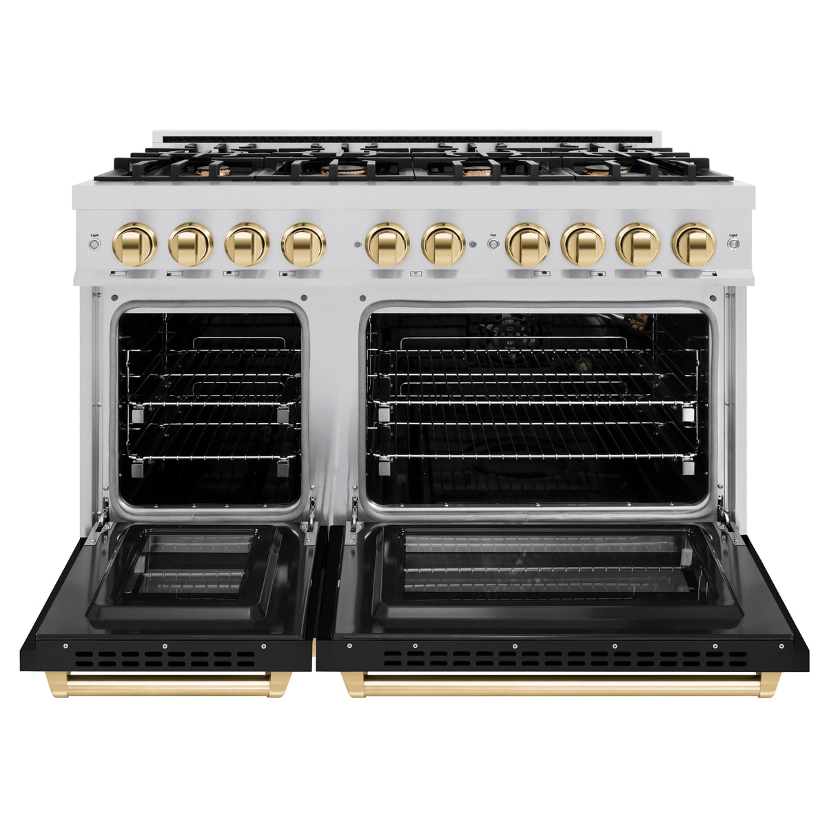 ZLINE - Autograph Edition 48 in. 6.7 cu. ft. Select Double Oven Gas Range with 8 Burner Cooktop in Stainless Steel with Black Matte Doors and Polished Gold Accents