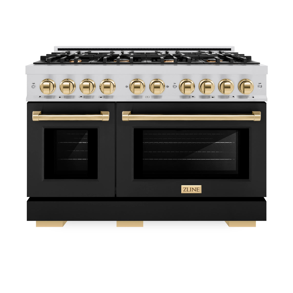 ZLINE - Autograph Edition 48 in. 6.7 cu. ft. Select Double Oven Gas Range with 8 Burner Cooktop in Stainless Steel with Black Matte Doors and Polished Gold Accents