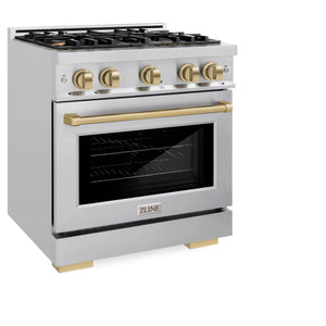 ZLINE - Autograph Edition 30 in. 4.2 cu. ft. Select Dual Fuel Range with 4 Burner Gas Cooktop and Electric Convection Oven in Stainless Steel with Champagne Bronze Accents