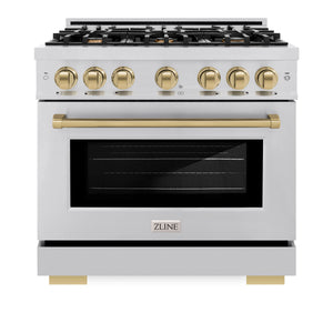 ZLINE - Autograph Edition 36 in. 5.2 cu. ft. Select Dual Fuel Range with 6 Burner Gas Cooktop and Electric Convection Oven in Stainless Steel with Champagne Bronze Accents