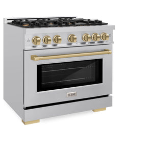 ZLINE - Autograph Edition 36 in. 5.2 cu. ft. Select Dual Fuel Range with 6 Burner Gas Cooktop and Electric Convection Oven in Stainless Steel with Champagne Bronze Accents