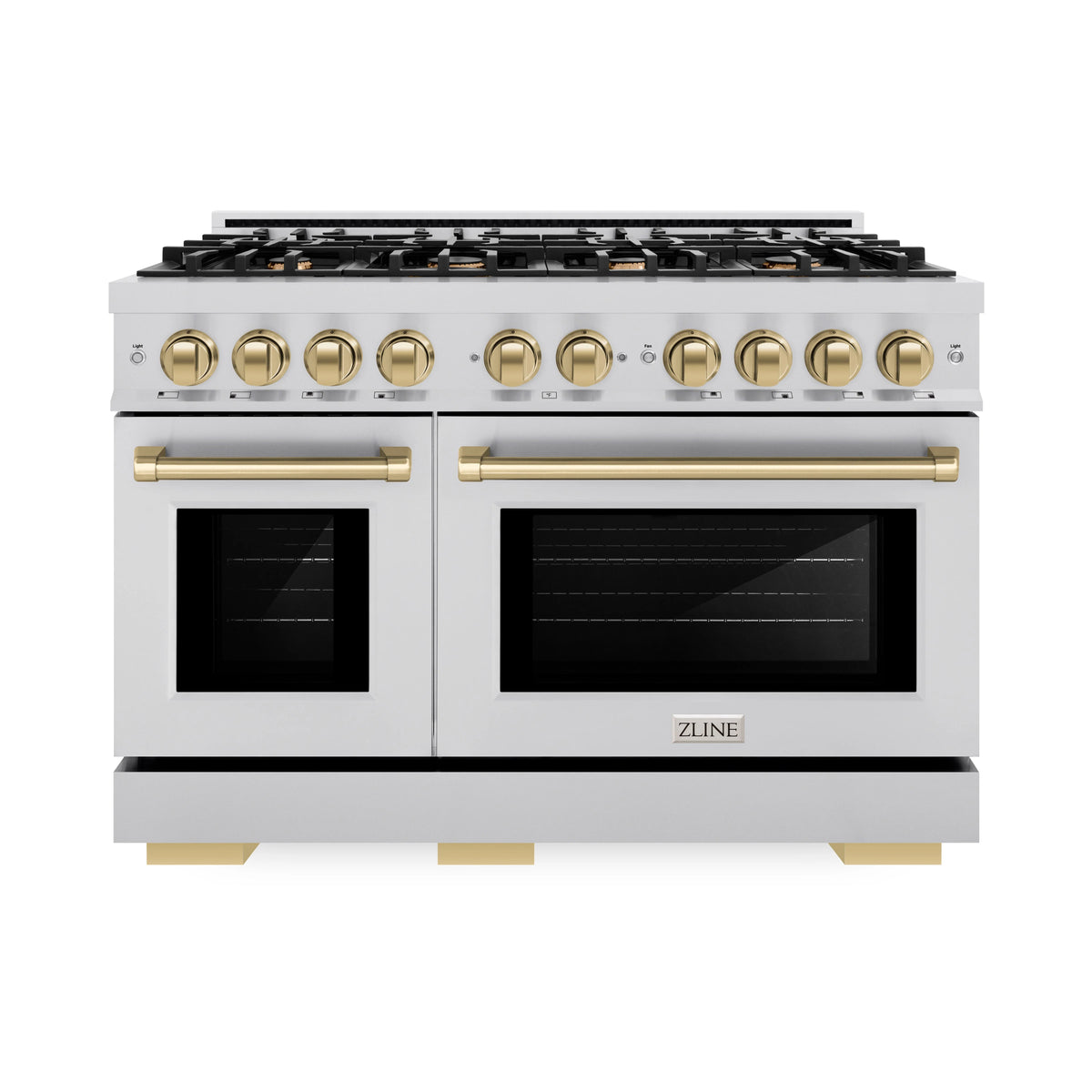 ZLINE - Autograph Edition 48 in. 6.7 cu. ft. Select Double Oven Gas Range with 8 Burner Cooktop in Stainless Steel and Champagne Bronze Accents
