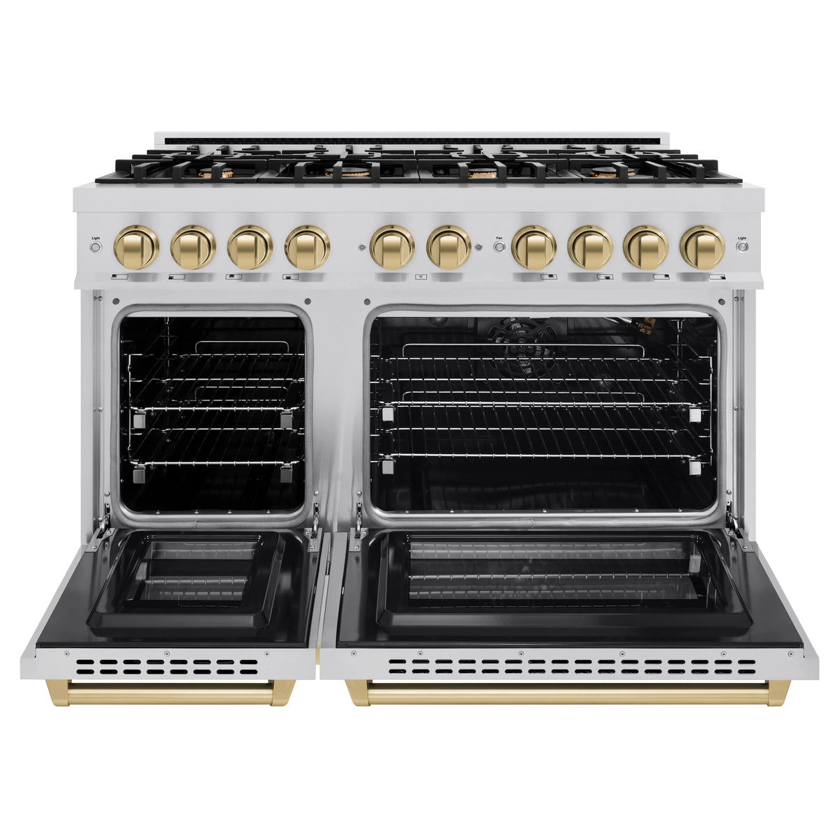 ZLINE - Autograph Edition 48 in. 6.7 cu. ft. Select Double Oven Gas Range with 8 Burner Cooktop in Stainless Steel and Champagne Bronze Accents