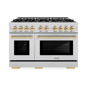 ZLINE - Autograph Edition 48 in. 6.7 cu. ft. Select Double Oven Gas Range with 8 Burner Cooktop in Stainless Steel and Polished Gold Accents