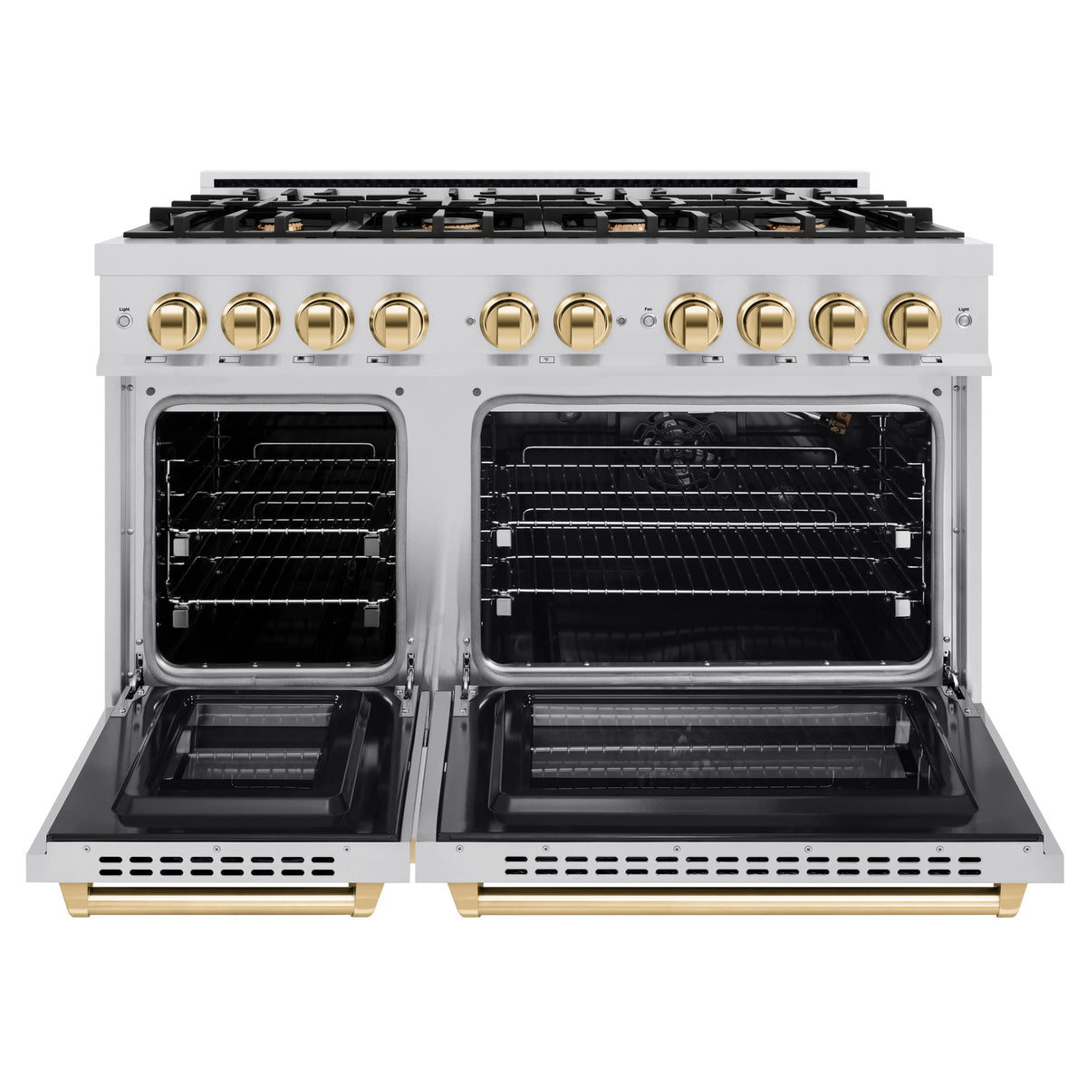 ZLINE - Autograph Edition 48 in. 6.7 cu. ft. Select Double Oven Gas Range with 8 Burner Cooktop in Stainless Steel and Polished Gold Accents