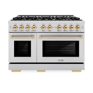ZLINE - Autograph Edition 48 in. 6.7 cu. ft. Select Double Oven Gas Range with 8 Burner Cooktop in Stainless Steel and Polished Gold Accents