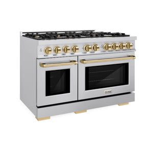 ZLINE - Autograph Edition 48 in. 6.7 cu. ft. Select Double Oven Gas Range with 8 Burner Cooktop in Stainless Steel and Polished Gold Accents