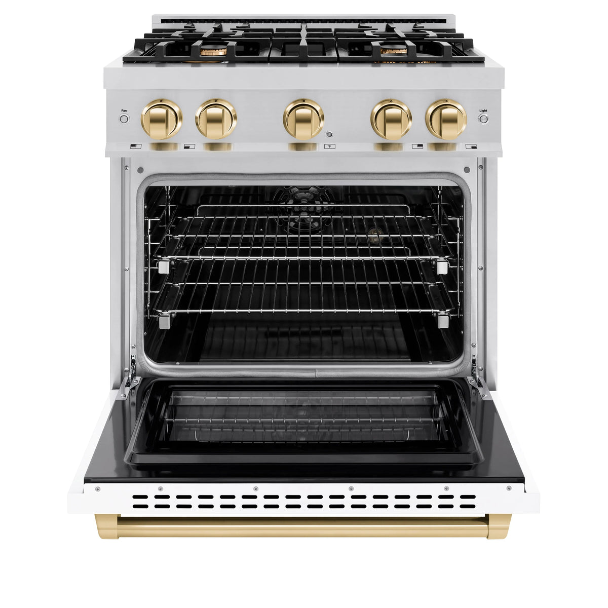 ZLINE - Autograph Edition 30 in. 4.2 cu. ft. Select Dual Fuel Range with 4 Burner Gas Cooktop and Electric Convection Oven in Stainless Steel with White Matte Door and Polished Gold Accents