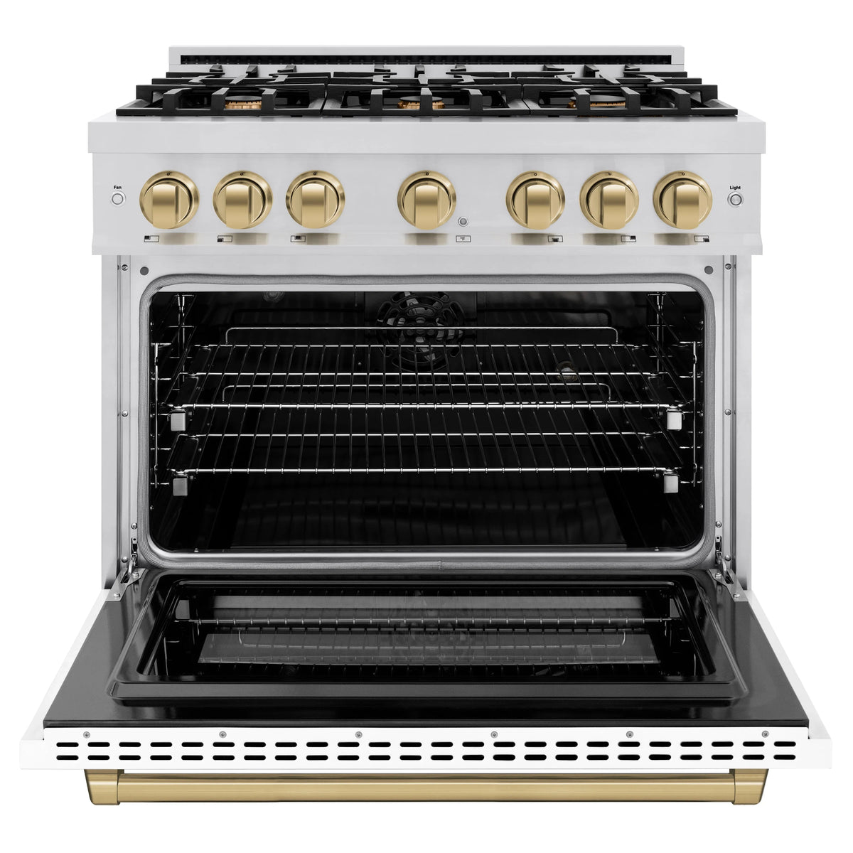 ZLINE - Autograph Edition 36 in. 5.2 cu. ft. Select Dual Fuel Range with 6 Burner Gas Cooktop and Electric Convection Oven in Stainless Steel with White Matte Door and Champagne Bronze Accents