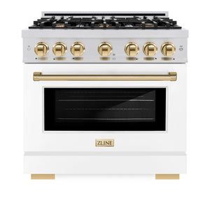 ZLINE - Autograph Edition 36 in. 5.2 cu. ft. Select Dual Fuel Range with 6 Burner Gas Cooktop and Electric Convection Oven in Stainless Steel with White Matte Door and Polished Gold Accents