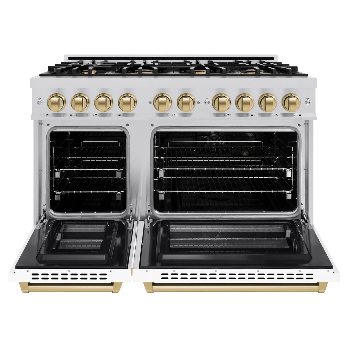 ZLINE - Autograph Edition 48 in. 6.7 cu. ft. Select Double Oven Dual Fuel Range with 8 Burner Gas Cooktop in Stainless Steel with White Matte Doors and Champagne Bronze Accents