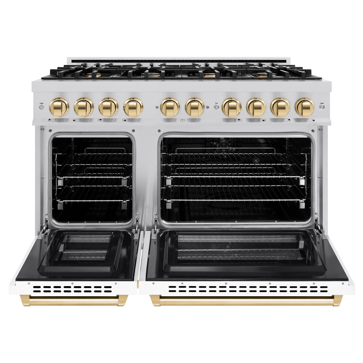 ZLINE - Autograph Edition 48 in. 6.7 cu. ft. Select Double Oven Dual Fuel Range with 8 Burner Gas Cooktop in Stainless Steel with White Matte Door and Polished Gold Accents