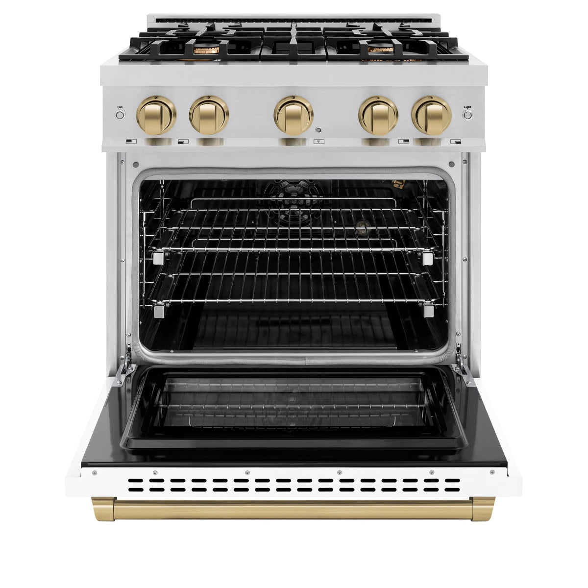 ZLINE - Autograph Edition 30 in. 4.2 cu. ft. Select Gas Range with 4 Burner Cooktop and Convection Gas Oven in Stainless Steel with White Matte Door and Champagne Bronze Accents