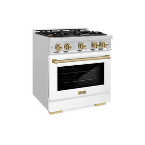 ZLINE - Autograph Edition 30 in. 4.2 cu. ft. Select Gas Range with 4 Burner Cooktop and Convection Gas Oven in Stainless Steel with White Matte Door and Champagne Bronze Accents