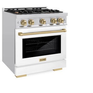 ZLINE - Autograph Edition 30 in. 4.2 cu. ft. Select Gas Range with 4 Burner Cooktop and Convection Gas Oven in Stainless Steel with White Matte Door and Champagne Bronze Accents