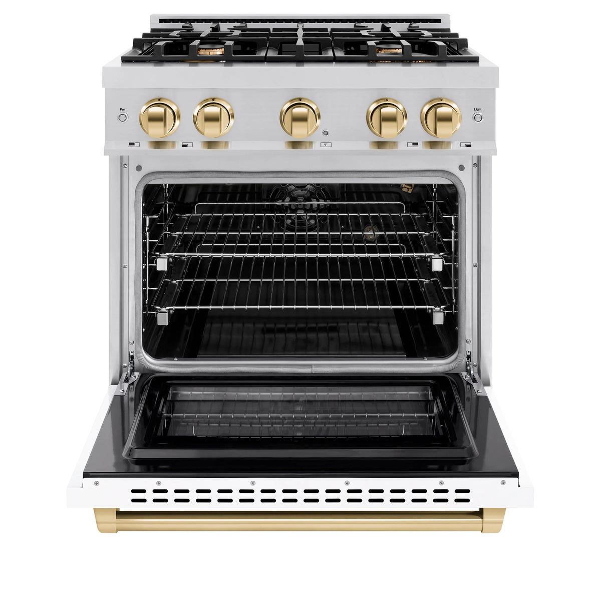 ZLINE - Autograph Edition 30 in. 4.2 cu. ft. Select Gas Range with 4 Burner Cooktop and Convection Gas Oven in Stainless Steel with White Matte Door and Polished Gold Accents