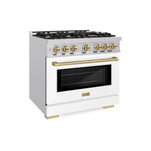 ZLINE - Autograph Edition 36 in. 5.2 cu. ft. Select Gas Range with 6 Burner Cooktop and Convection Gas Oven in Stainless Steel with White Matte Door and Champagne Bronze Accents
