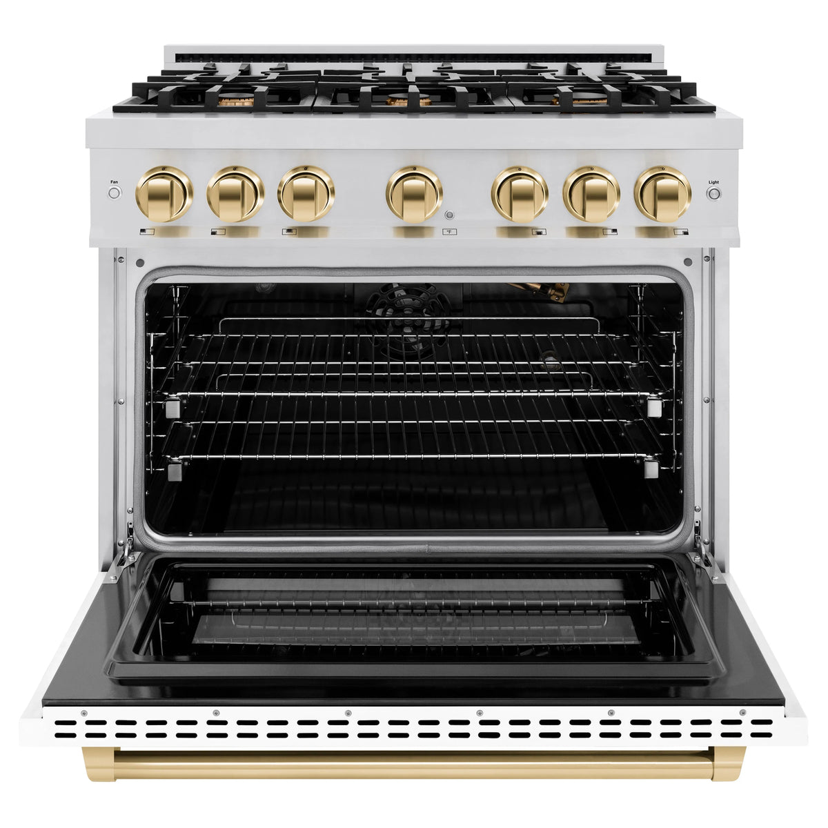 ZLINE - Autograph Edition 36 in. 5.2 cu. ft. Select Gas Range with 6 Burner Cooktop and Convection Gas Oven in Stainless Steel with White Matte Door and Polished Gold Accents