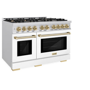 ZLINE - Autograph Edition 48 in. 6.7 cu. ft. Select Double Oven Gas Range with 8 Burner Cooktop in Stainless Steel with White Matte Doors and Champagne Bronze Accents
