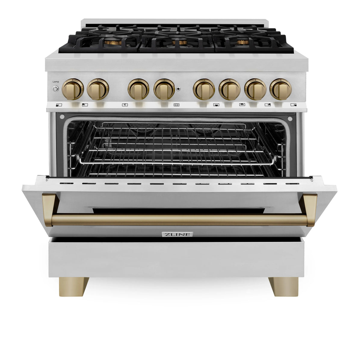 ZLINE - Autograph Edition 36 in. 4.6 cu. ft. Legacy Dual Fuel Range with 6 Burner Gas Cooktop and Electric Convection Oven in Stainless Steel and Champagne Bronze Accents