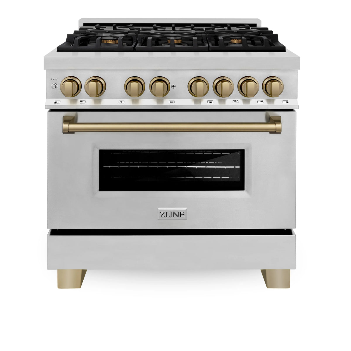 ZLINE - Autograph Edition 36 in. 4.6 cu. ft. Legacy Dual Fuel Range with 6 Burner Gas Cooktop and Electric Convection Oven in Stainless Steel and Champagne Bronze Accents