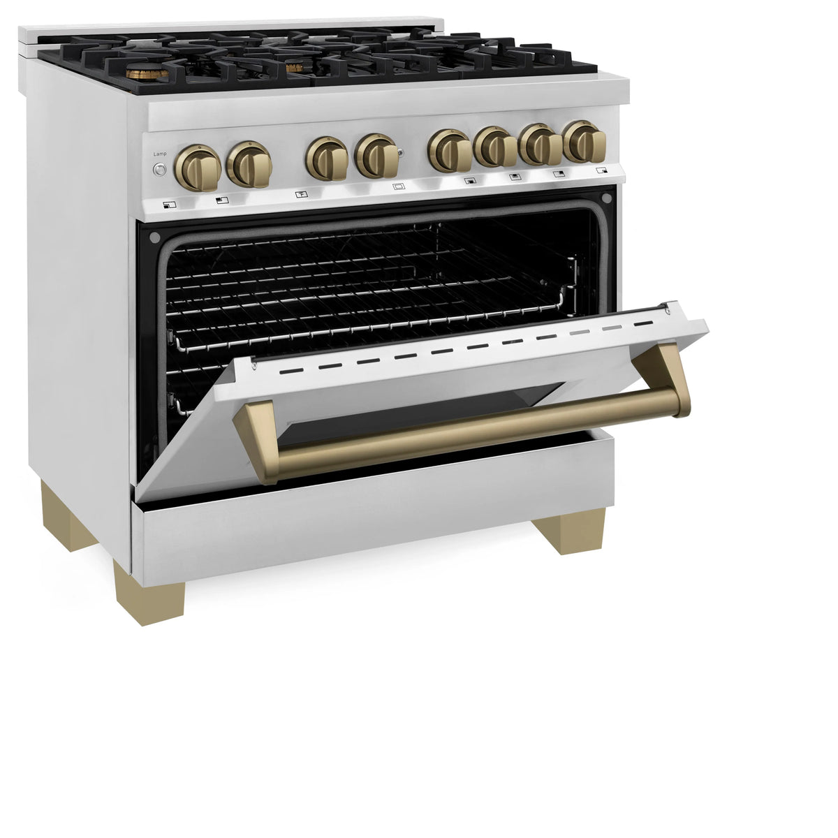 ZLINE - Autograph Edition 36 in. 4.6 cu. ft. Legacy Dual Fuel Range with 6 Burner Gas Cooktop and Electric Convection Oven in Stainless Steel and Champagne Bronze Accents