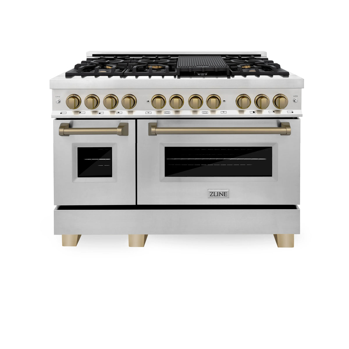 ZLINE - Autograph Edition 48 in. 6.0 cu. ft. Legacy Dual Fuel Range with 7 Burner Gas Cooktop and 2 Electric Ovens in Stainless Steel and Champagne Bronze Accents