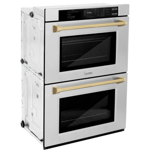 ZLINE - 30 in. Autograph Edition Professional True Convection Double Wall Oven with Air Fry and Self Clean in Stainless Steel with Champagne Bronze Handles