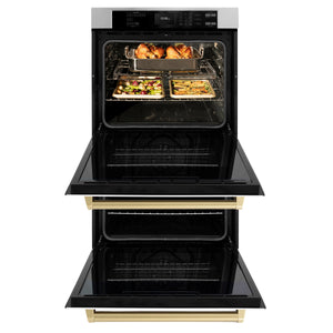 ZLINE - 30 in. Autograph Edition Professional True Convection Double Wall Oven with Air Fry and Self Clean in Stainless Steel with White Matte Doors and Champagne Bronze Handles