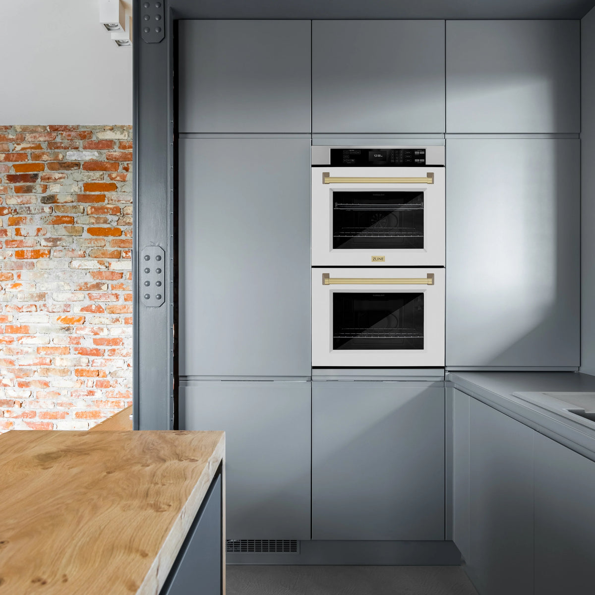 ZLINE - 30 in. Autograph Edition Professional True Convection Double Wall Oven with Air Fry and Self Clean in Stainless Steel with White Matte Doors and Champagne Bronze Handles