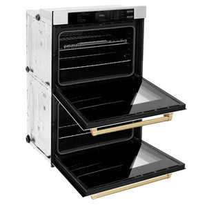 ZLINE - 30 in. Autograph Edition Professional True Convection Double Wall Oven with Air Fry and Self Clean in Stainless Steel with White Matte Doors and Champagne Bronze Handles
