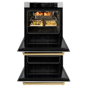 ZLINE - 30 in. Autograph Edition Professional True Convection Double Wall Oven with Air Fry and Self Clean in Stainless Steel with White Matte Doors and Polished Gold Handles