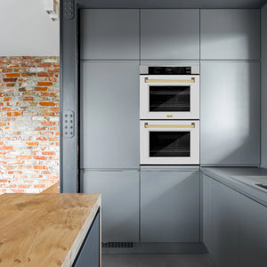 ZLINE - 30 in. Autograph Edition Professional True Convection Double Wall Oven with Air Fry and Self Clean in Stainless Steel with White Matte Doors and Polished Gold Handles