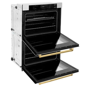 ZLINE - 30 in. Autograph Edition Professional True Convection Double Wall Oven with Air Fry and Self Clean in Stainless Steel with White Matte Doors and Polished Gold Handles
