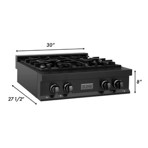 ZLINE Kitchen Package with Black Stainless Steel Refrigeration, 30" Rangetop, 30" Range Hood, 30" Single Wall Oven, and 24" Tall Tub Dishwasher
