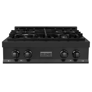 ZLINE Kitchen Package with Black Stainless Steel Refrigeration, 30" Rangetop, 30" Range Hood, 30" Single Wall Oven, and 24" Tall Tub Dishwasher