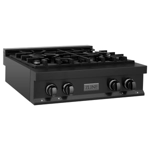 ZLINE Kitchen Package with Black Stainless Steel Refrigeration, 30" Rangetop, 30" Range Hood, 30" Single Wall Oven, and 24" Tall Tub Dishwasher