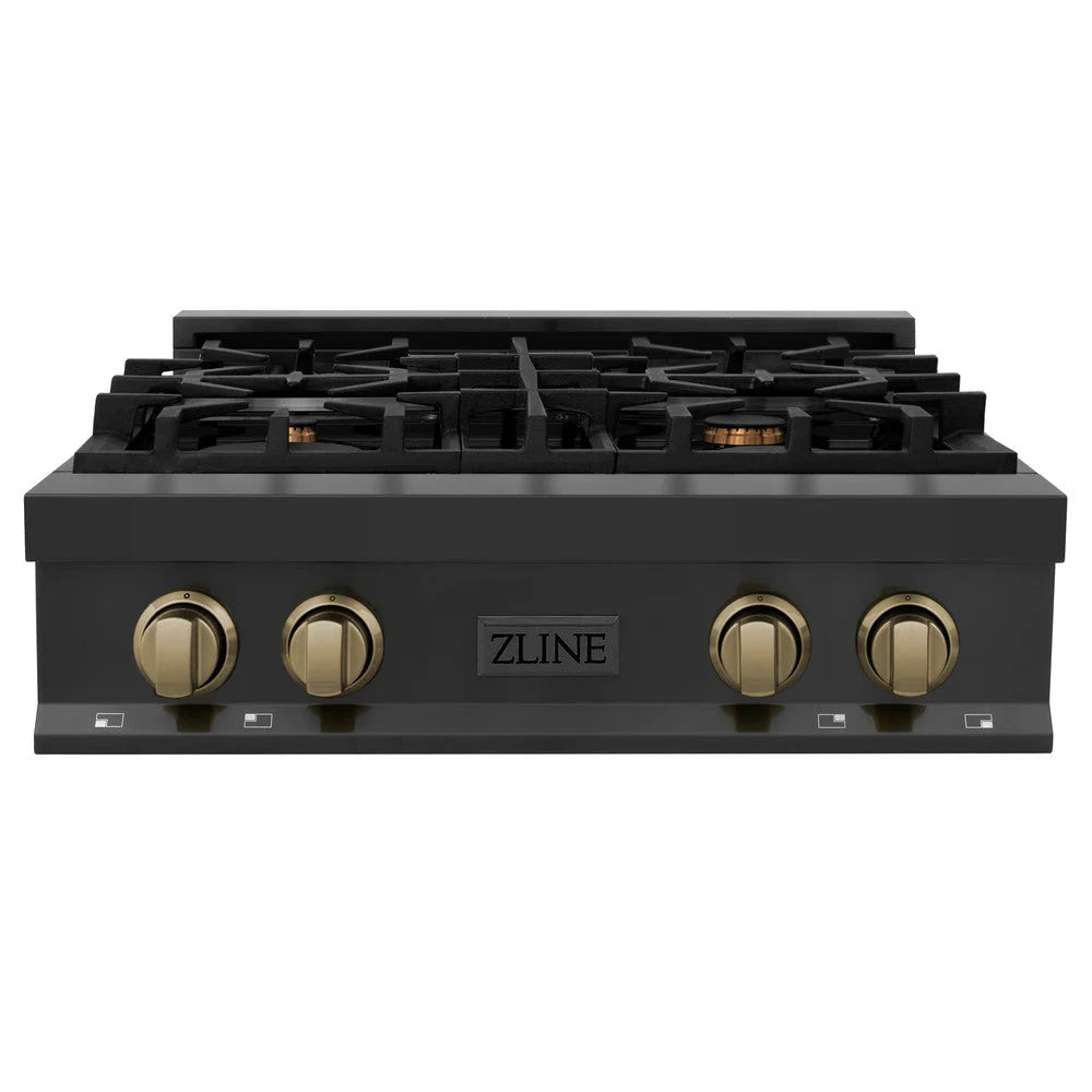 ZLINE - Autograph Edition 30 in. Legacy Gas Rangetop with 4 Burners and Porcelain Cooktop in Black Stainless Steel with Champagne Bronze Accents (RTBZ-30-CB)