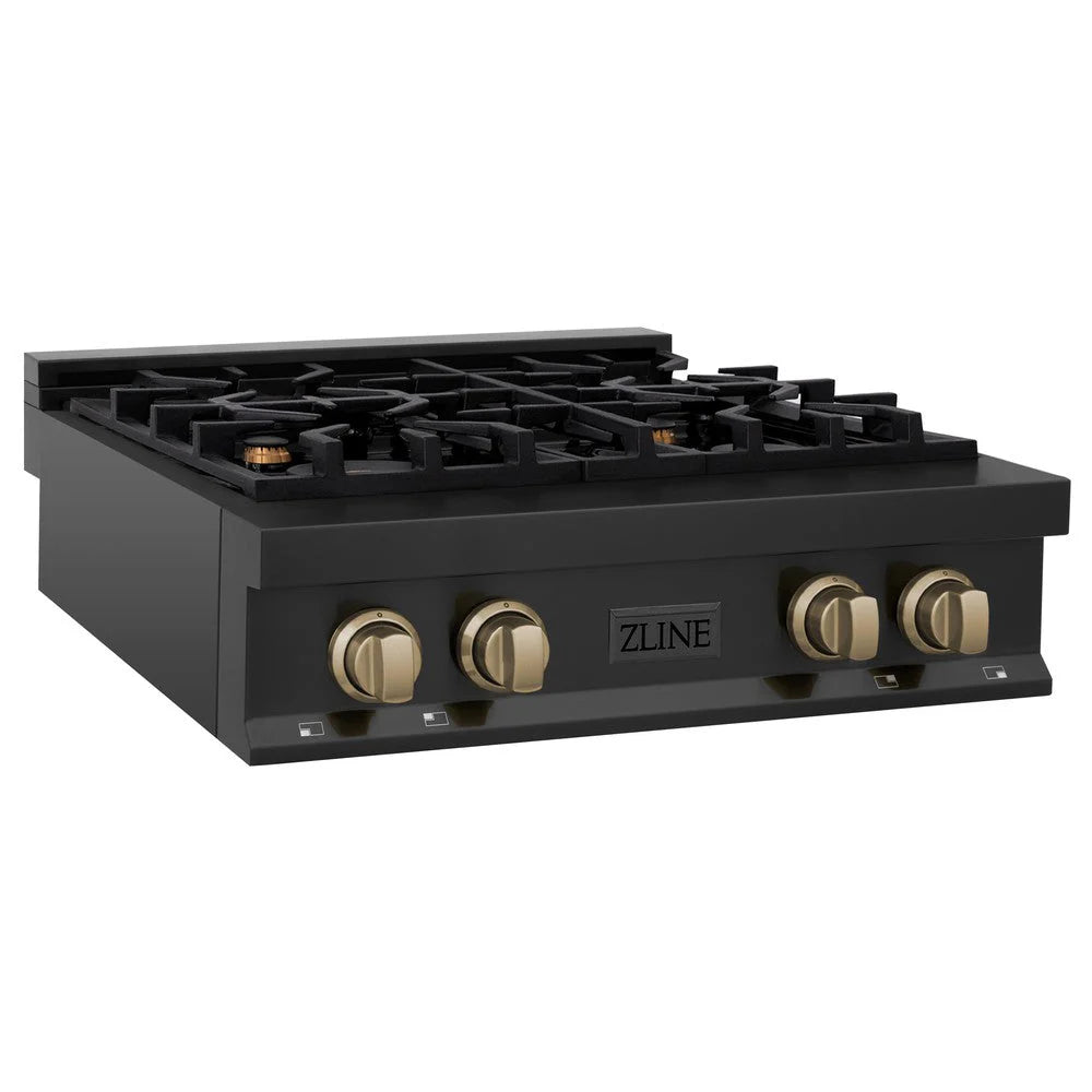 ZLINE - Autograph Edition 30 in. Legacy Gas Rangetop with 4 Burners and Porcelain Cooktop in Black Stainless Steel with Champagne Bronze Accents (RTBZ-30-CB)