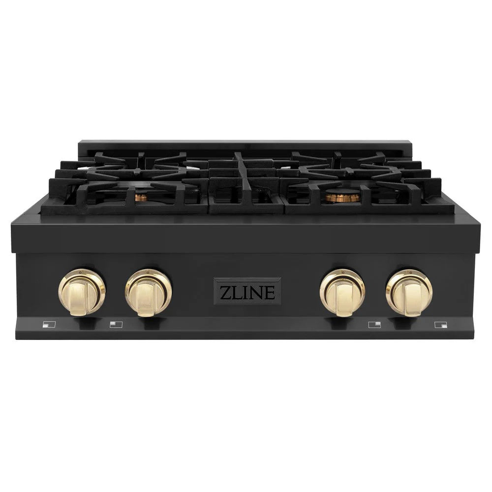 ZLINE - Autograph Edition 30 in. Legacy Gas Rangetop with 4 Burners and Porcelain Cooktop in Black Stainless Steel with Polished Gold Accents
