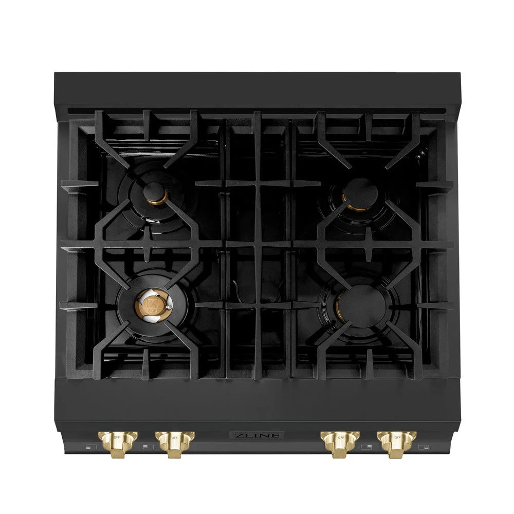 ZLINE - Autograph Edition 30 in. Legacy Gas Rangetop with 4 Burners and Porcelain Cooktop in Black Stainless Steel with Polished Gold Accents