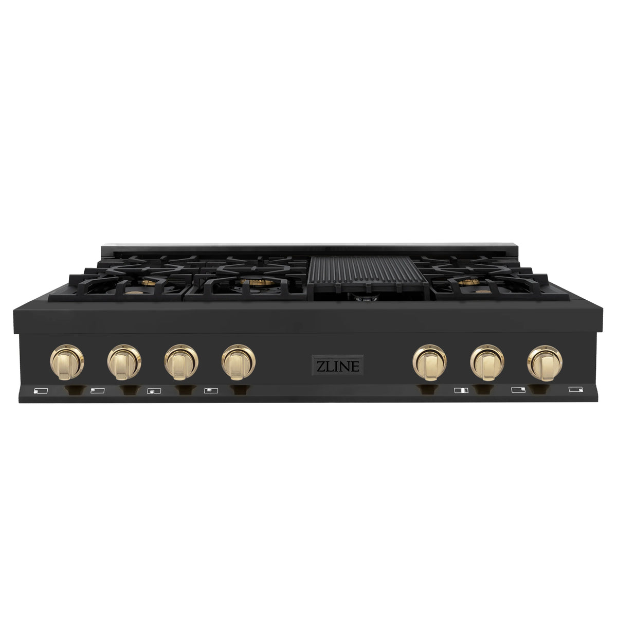 ZLINE - Autograph Edition 48&quot; Porcelain Rangetop with 7 Gas Burners in Black Stainless Steel and Gold Accents (RTBZ-48-G)