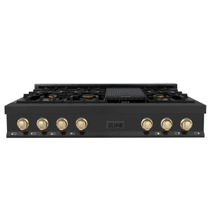 ZLINE - Autograph Edition 48" Porcelain Rangetop with 7 Gas Burners in Black Stainless Steel and Gold Accents (RTBZ-48-G)