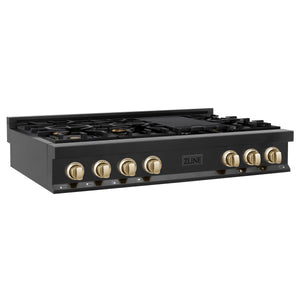 ZLINE - Autograph Edition 48" Porcelain Rangetop with 7 Gas Burners in Black Stainless Steel and Gold Accents (RTBZ-48-G)