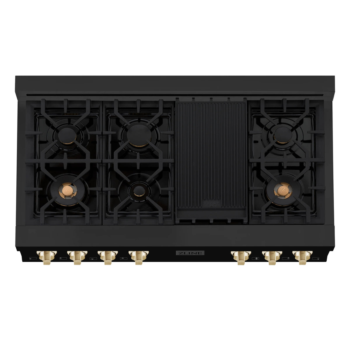 ZLINE - Autograph Edition 48&quot; Porcelain Rangetop with 7 Gas Burners in Black Stainless Steel and Gold Accents (RTBZ-48-G)