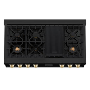 ZLINE - Autograph Edition 48" Porcelain Rangetop with 7 Gas Burners in Black Stainless Steel and Gold Accents (RTBZ-48-G)