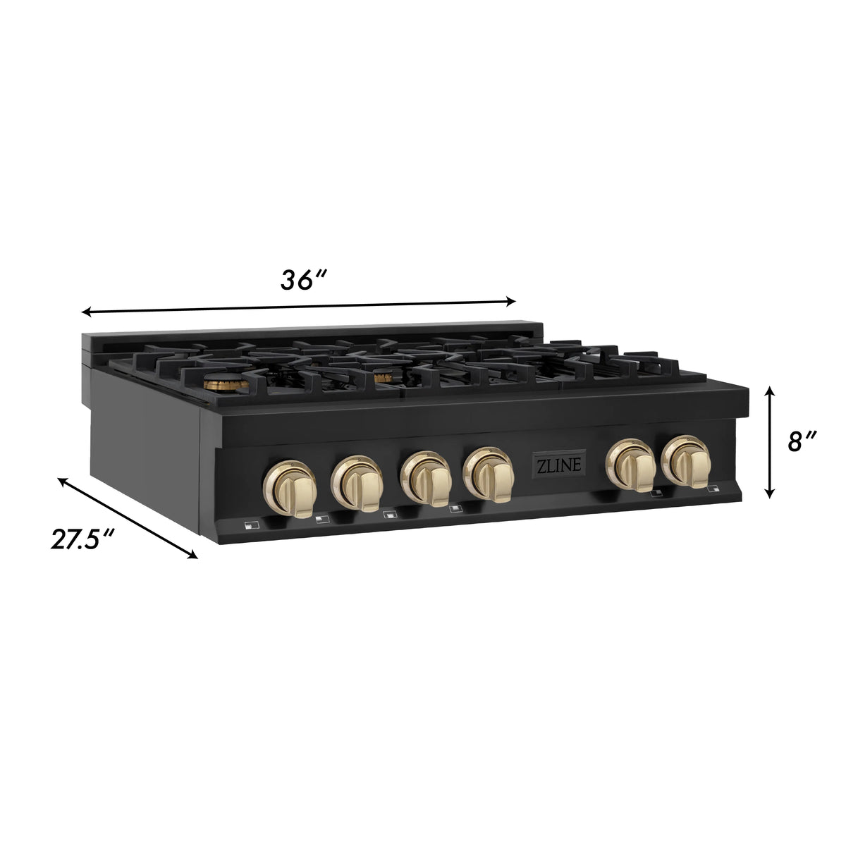 ZLINE - Autograph Edition 36&quot; Porcelain Rangetop with 6 Gas Burners in Black Stainless Steel and Gold Accents (RTBZ-36-G)