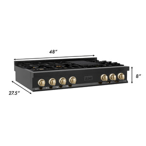 ZLINE - Autograph Edition 48" Porcelain Rangetop with 7 Gas Burners in Black Stainless Steel and Gold Accents (RTBZ-48-G)